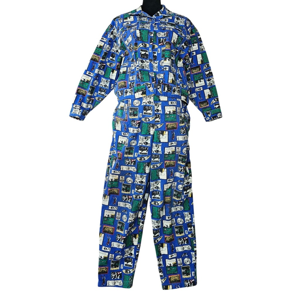 Vintage Crazy Horse 2 Piece Pant Set Womens Size 8 Rugby Comic Print Denim 90s - Picture 2 of 16